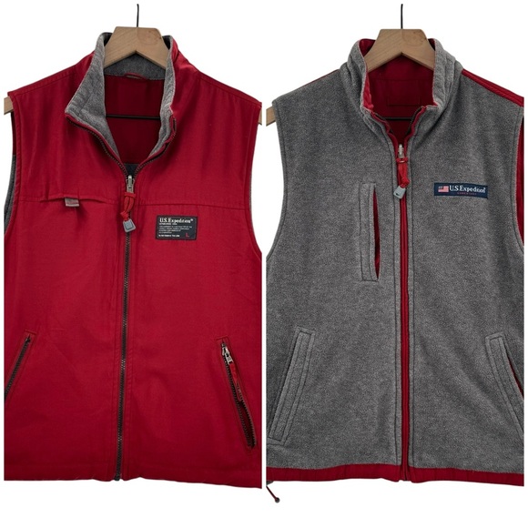 Vintage 90s Reversible Fleece Vest US Expedition Red Gray Full Zip Gillet | Sz S - Picture 1 of 9